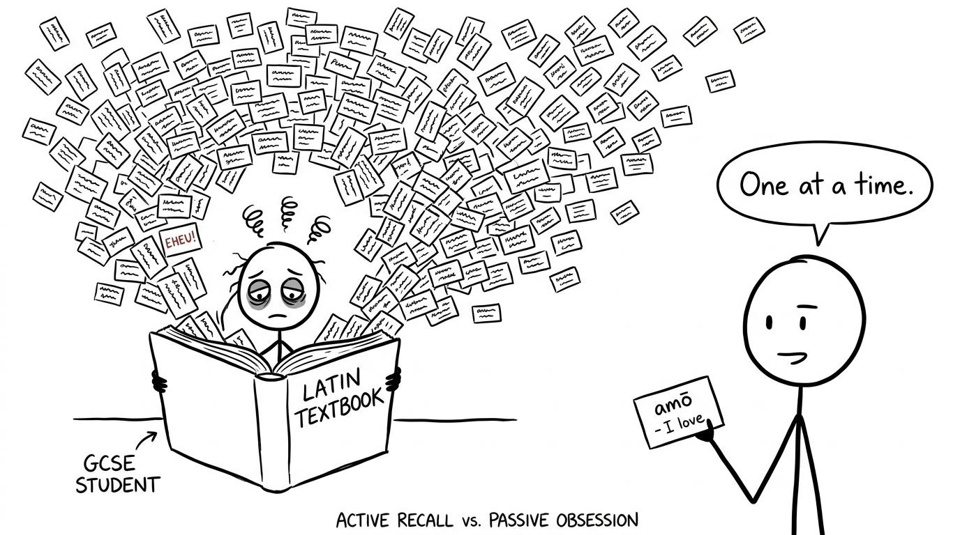 A GCSE student calmly confronting a flock of Latin vocabulary cards