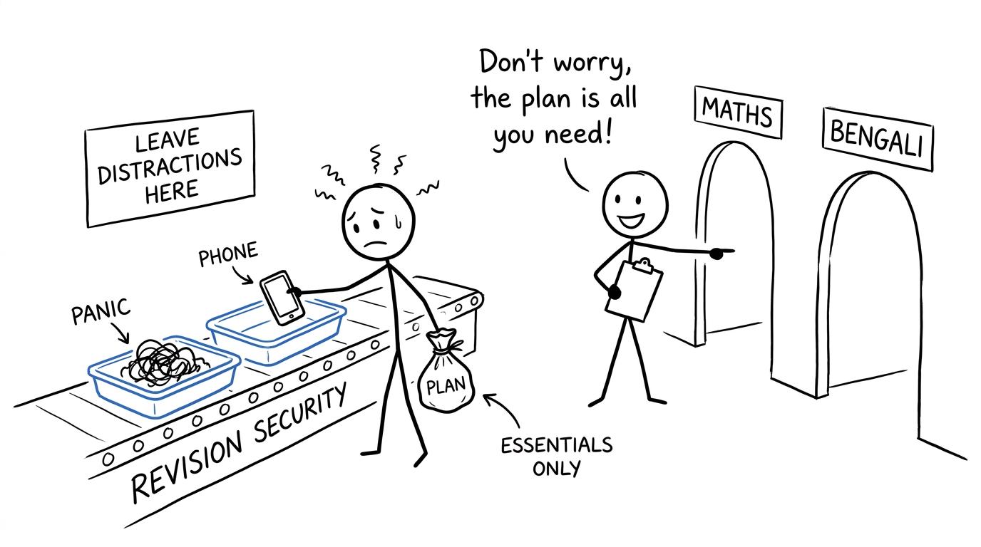 A GCSE student carrying a revision plan through revision security