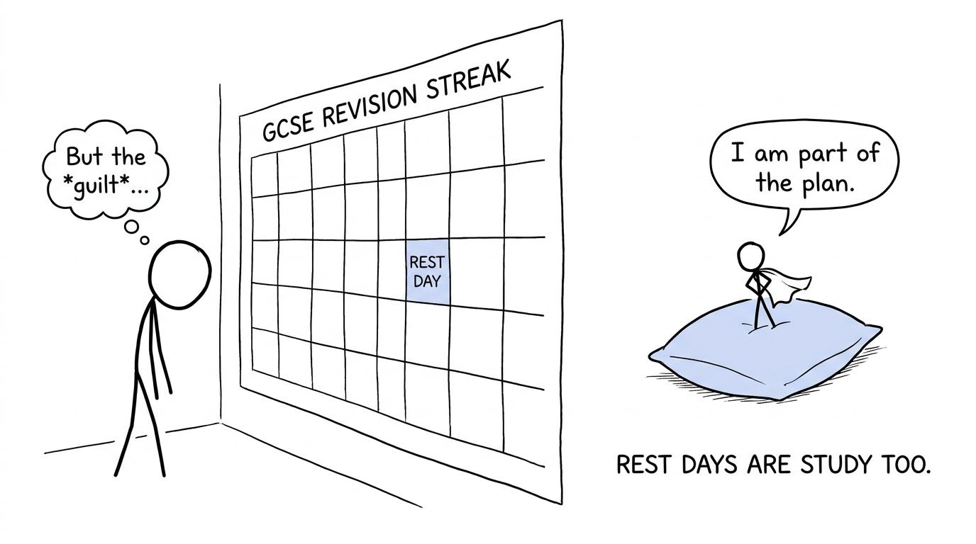 A student discovers that a rest day can be part of a revision plan