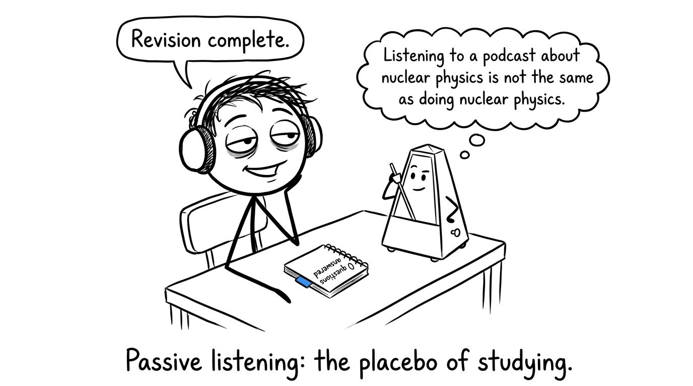 A student celebrates completing revision while an unimpressed notebook records no questions answered
