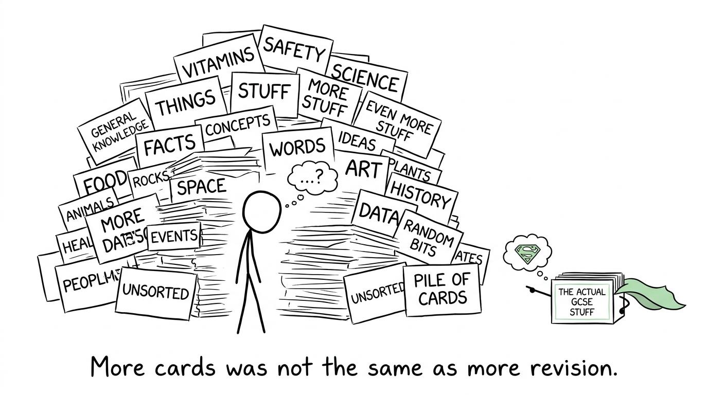 A tiny organised flashcard box defeats an enormous wall of revision cards