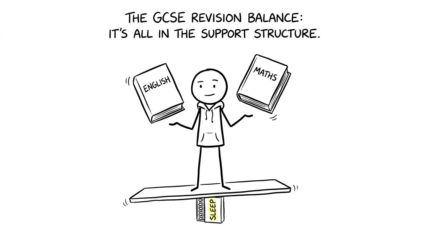 English and maths are juggled above a tiny sleep book supporting the whole stage