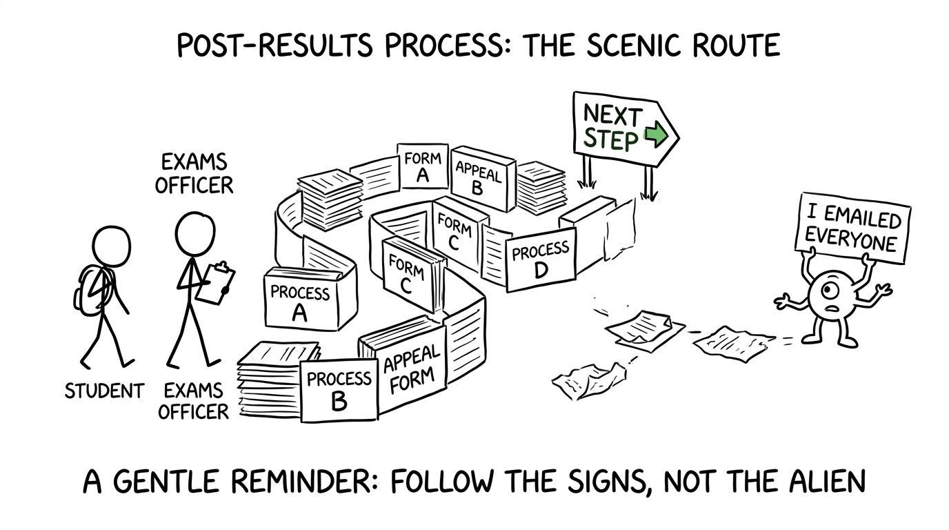 A student and exams officer navigating the official paperwork while an alien tries an unhelpful shortcut