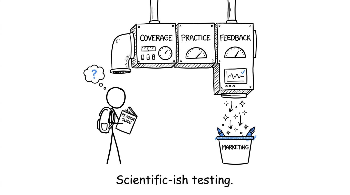 A quality detector scans coverage, practice and feedback