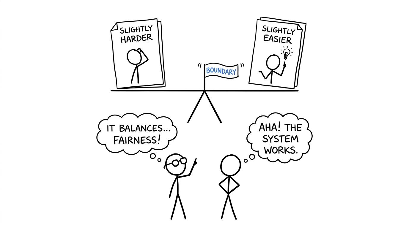 Two exam papers balance on a seesaw while a movable boundary keeps the standard fair