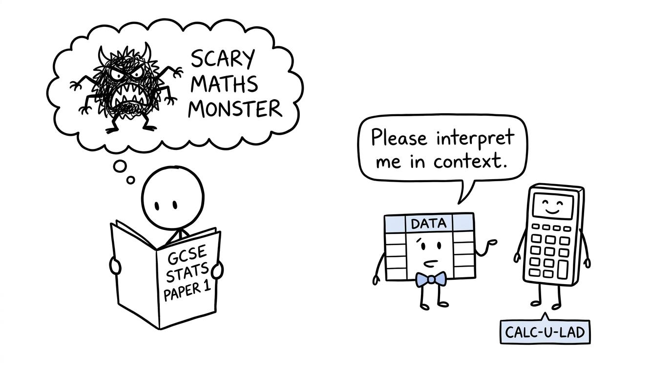A polite data table surprises a student expecting an exam monster