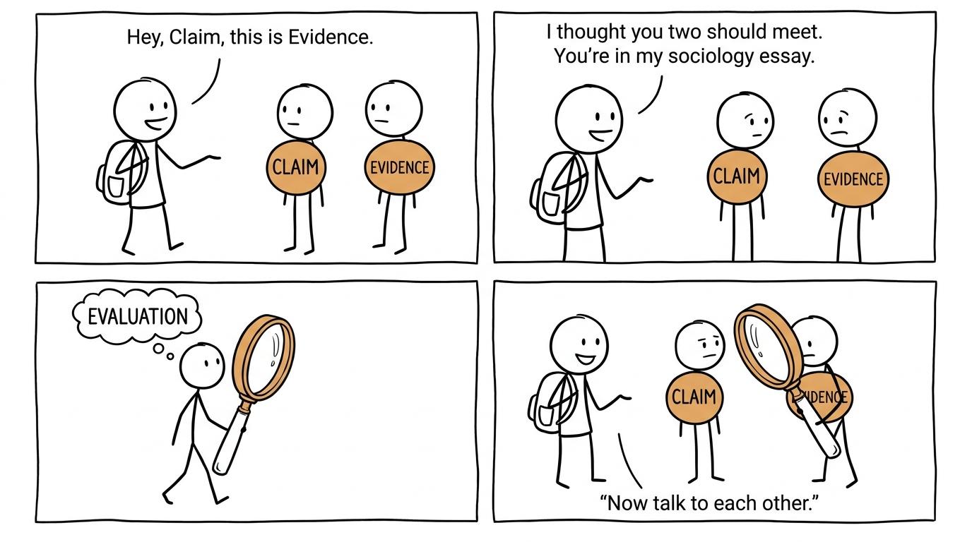 Sociological claims, evidence and evaluation are encouraged to talk to each other