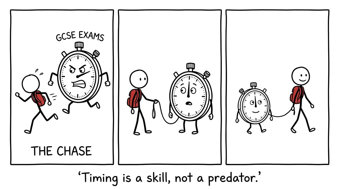 A student calmly puts a chasing stopwatch on a lead
