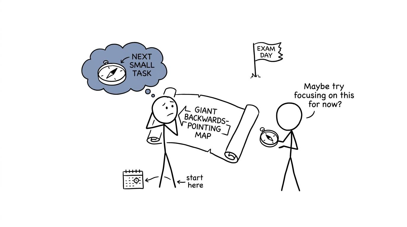 A student navigates backwards from exam day using a revision map