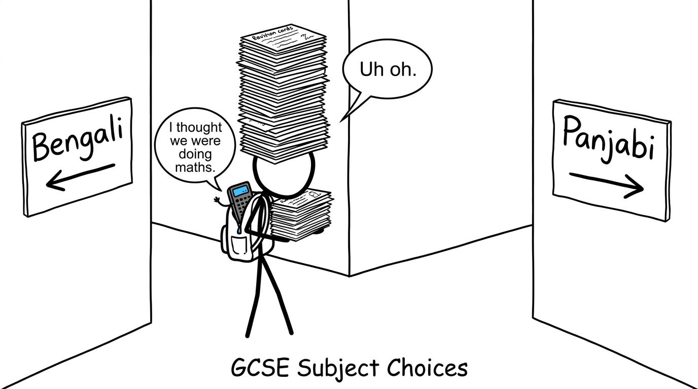 A student choosing between Bengali and Panjabi while a calculator wonders what happened to maths revision