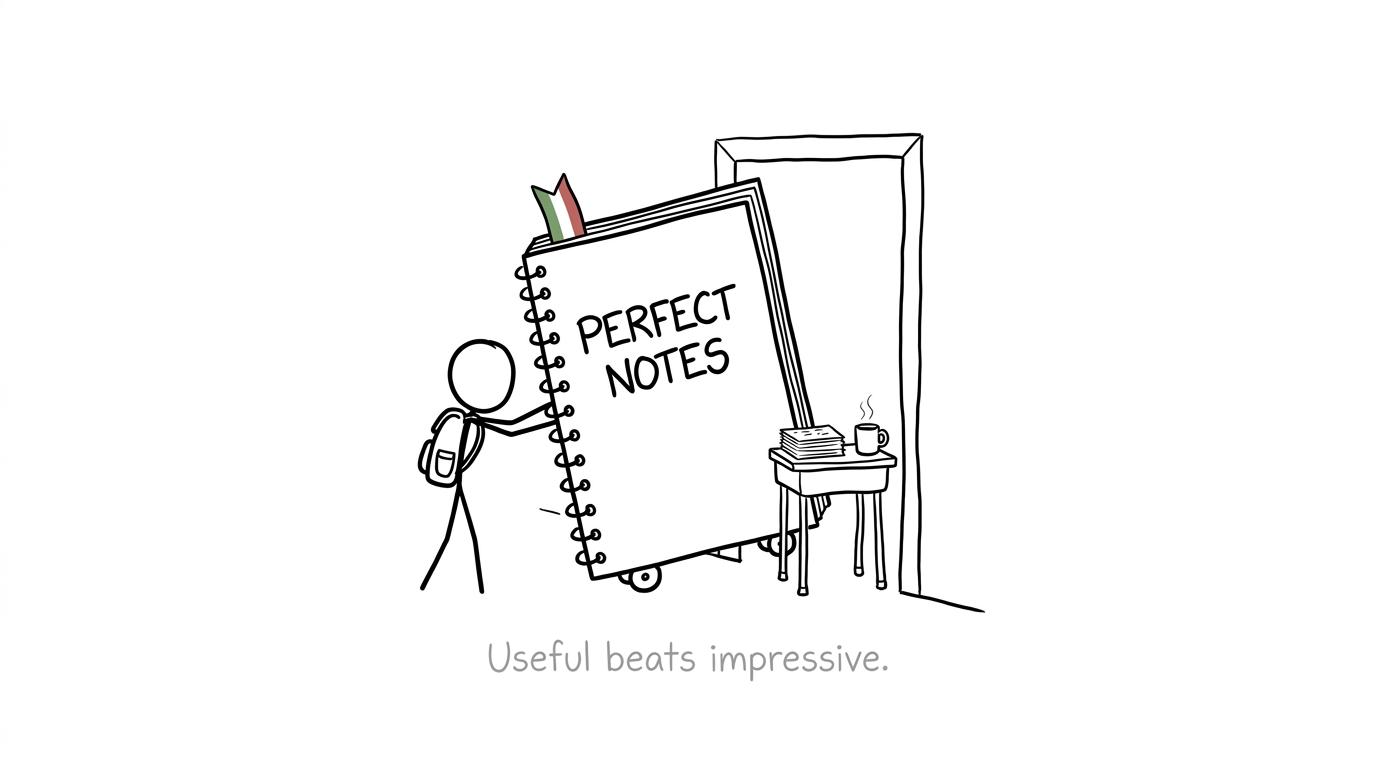 A student discovers that useful notes beat an enormous perfect notebook