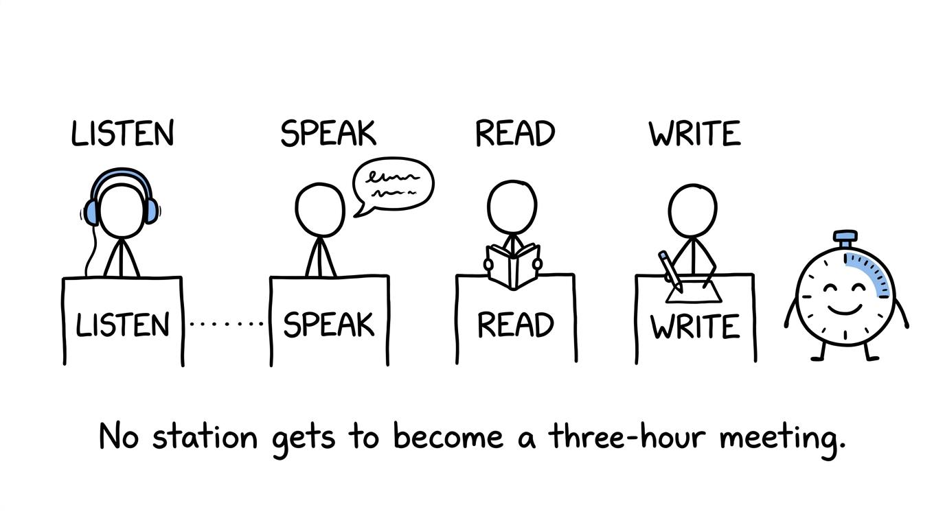 A four-station language revision relay watched by a timer