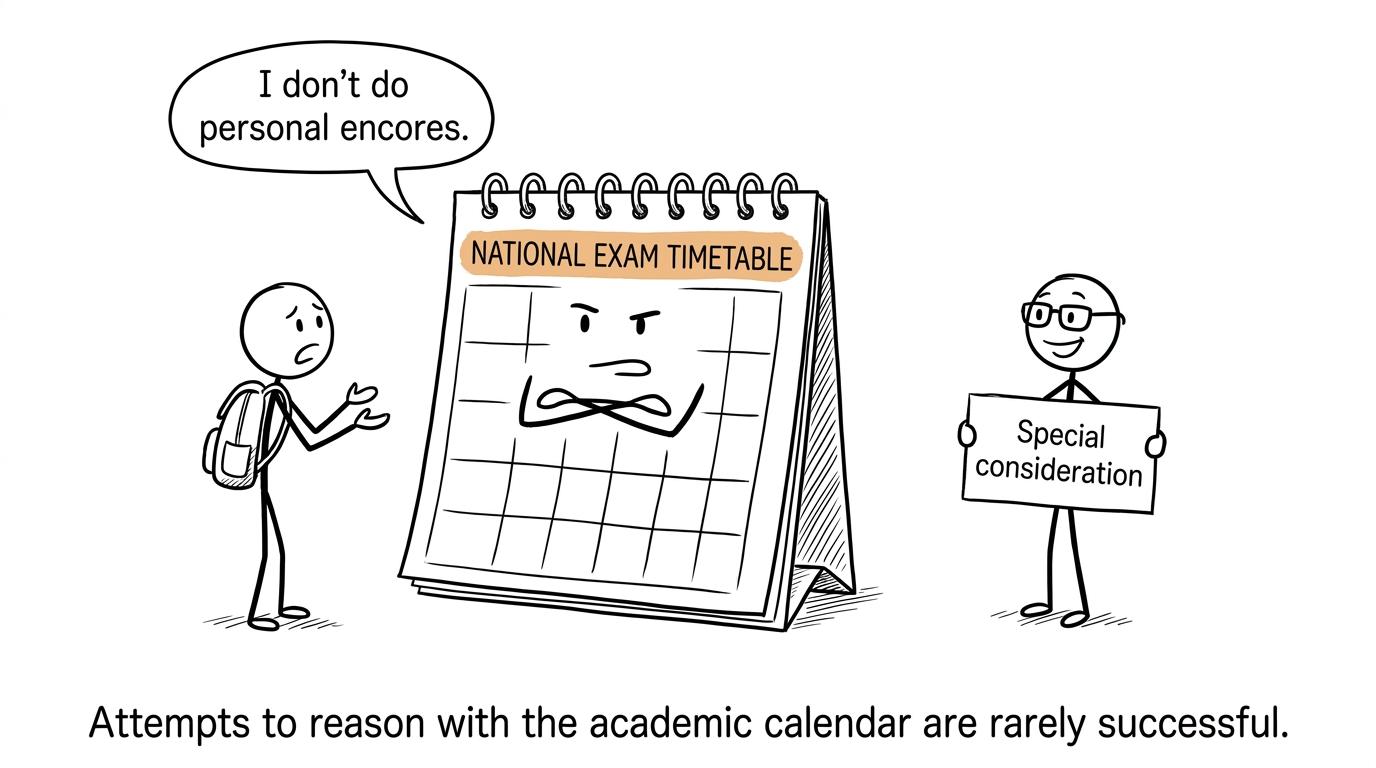 A student attempts to negotiate a private encore with the national exam timetable