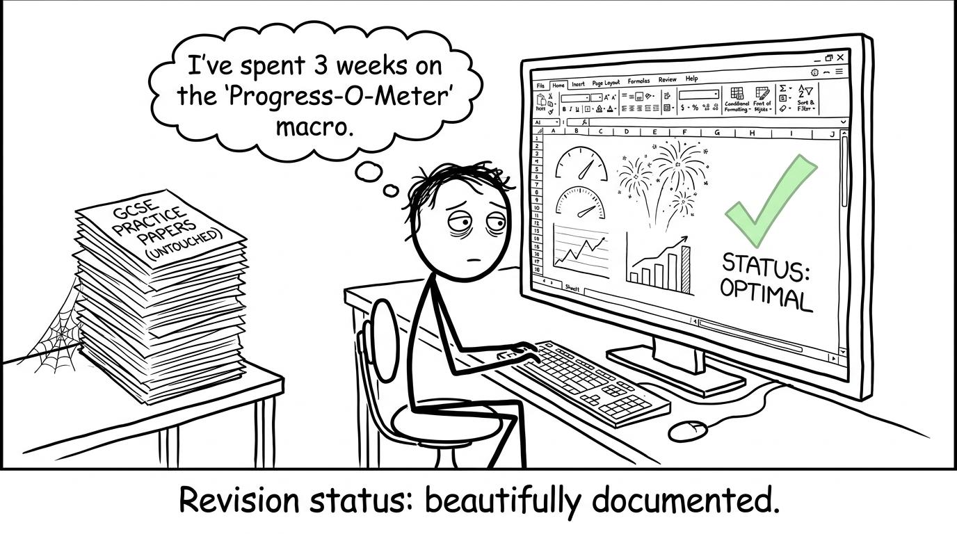 A student admires an elaborate revision dashboard while practice papers remain untouched