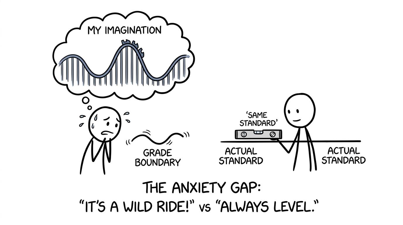 A student imagines a small grade-boundary movement as a rollercoaster
