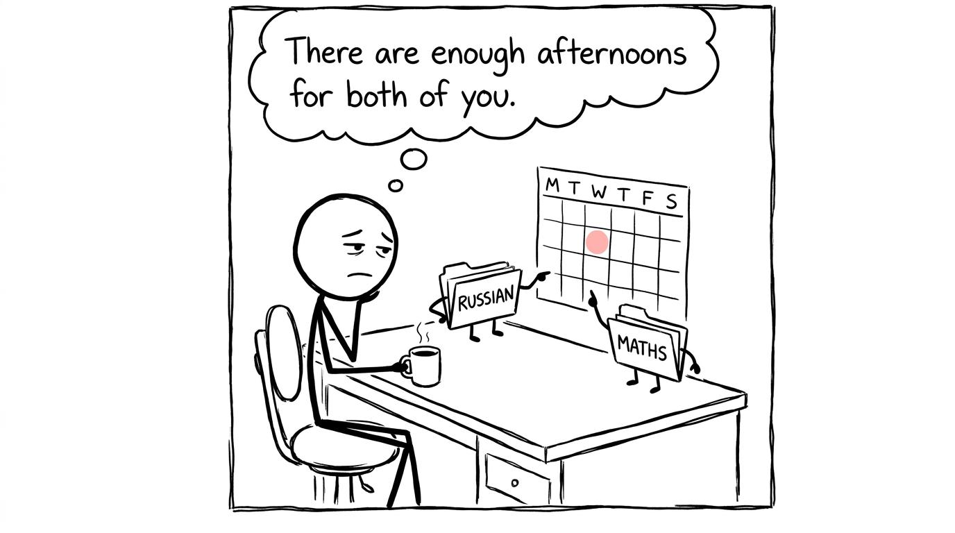 A student calmly sharing half-term between Russian and maths