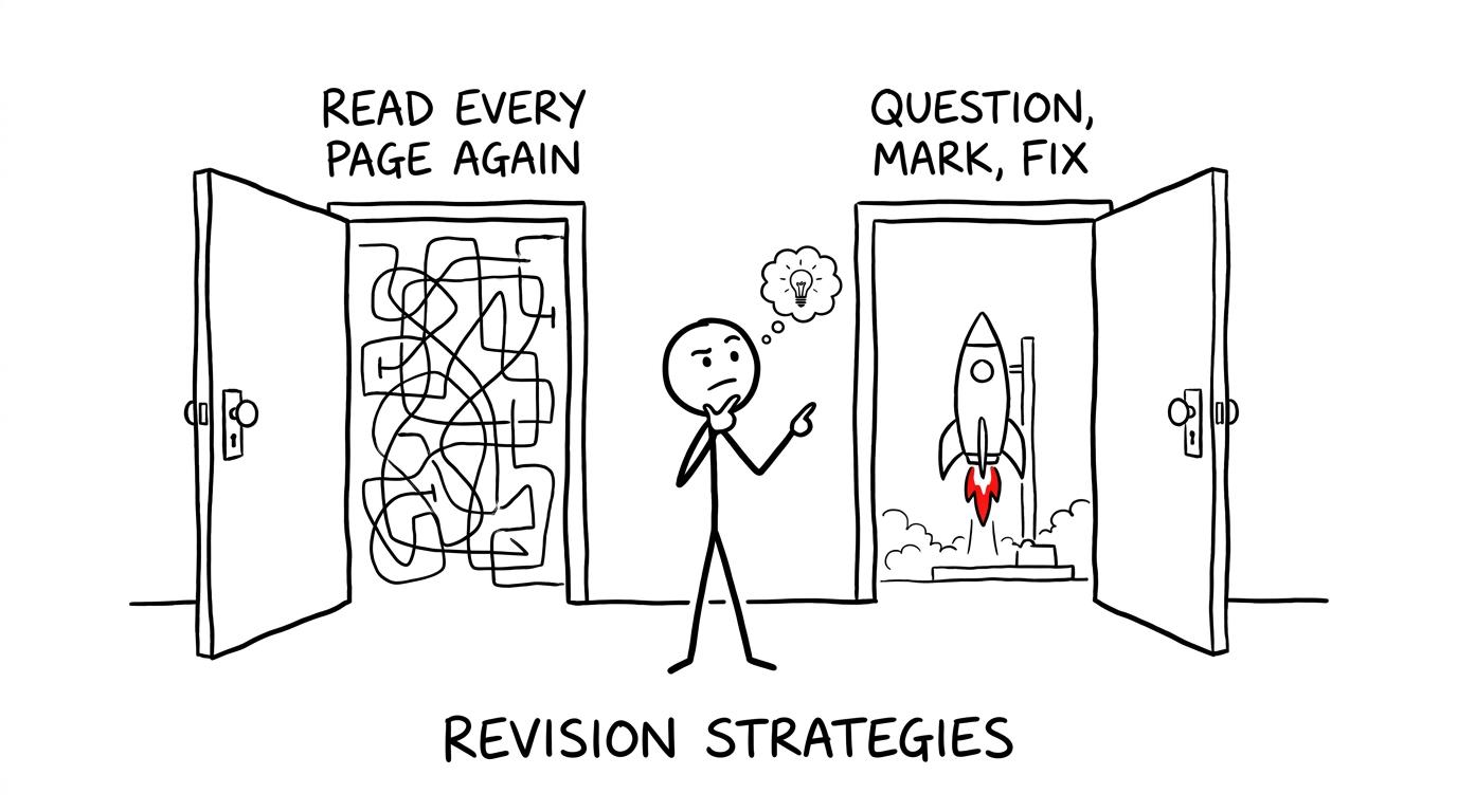 A revision maze is avoided by choosing the question, mark and fix route
