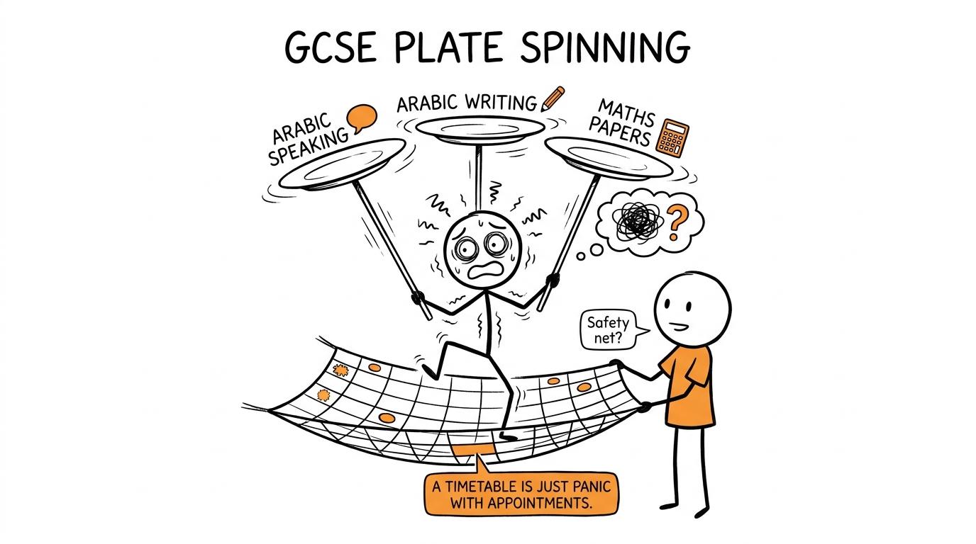 A student balancing Arabic, maths and a revision timetable