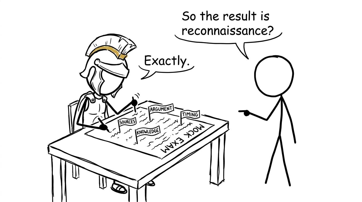 A Roman general treats a mock paper as reconnaissance