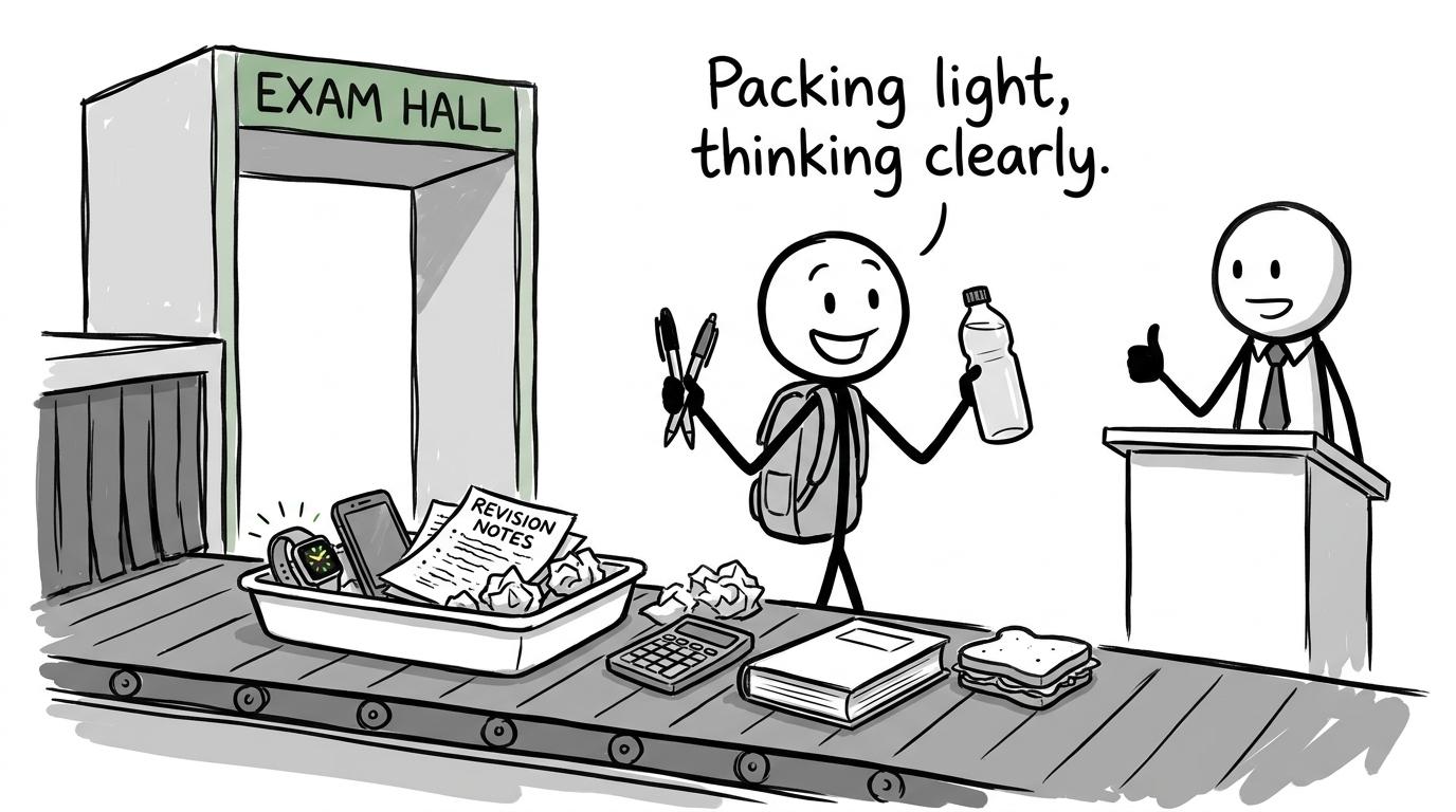A student passes an exam-hall security check with pens and a clear water bottle
