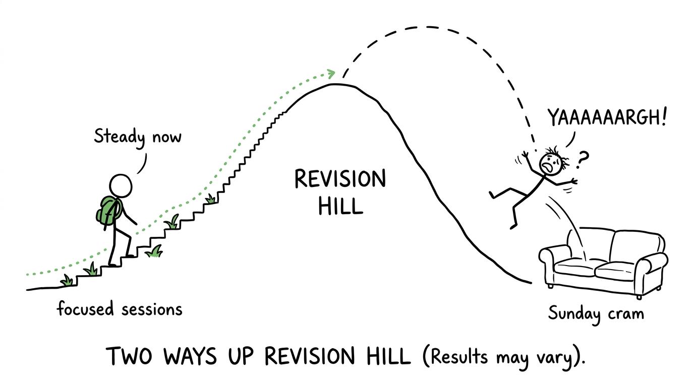 One student climbs a revision hill through steady focused sessions while another attempts a heroic leap from the Sunday cram sofa
