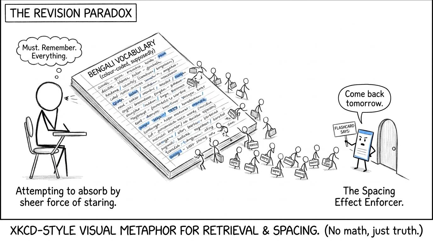 Forgotten vocabulary trying to escape while a flashcard schedules its return