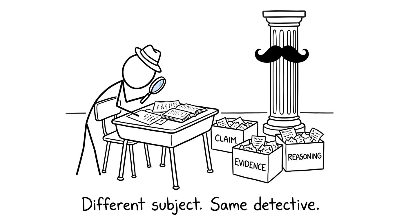 A student detective sorts claims, evidence and reasoning while a classical column looks suspicious