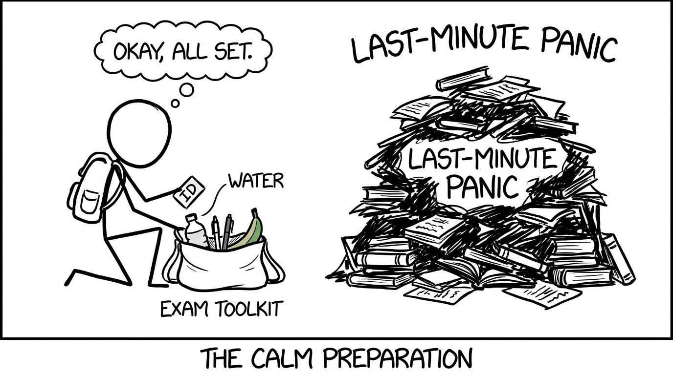 A student packs useful exam equipment while leaving last-minute panic behind