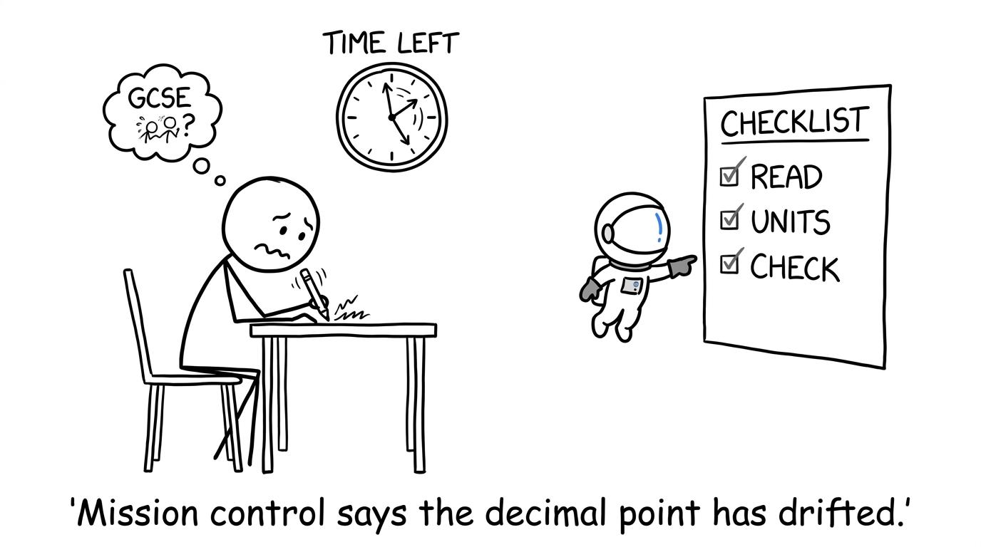 A student races the exam clock while mission control warns that the decimal point has drifted