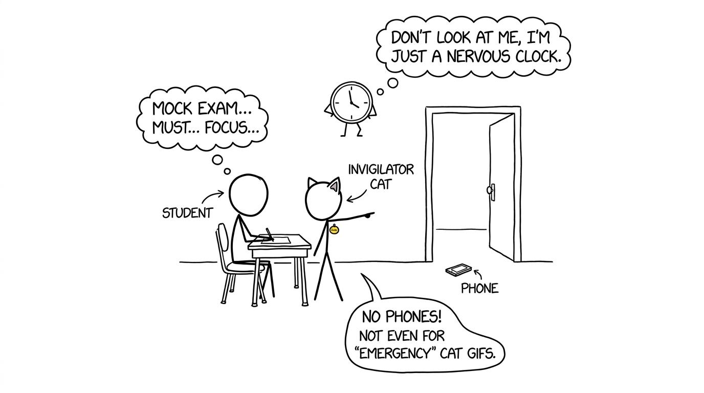 A cat invigilator supervises realistic revision conditions