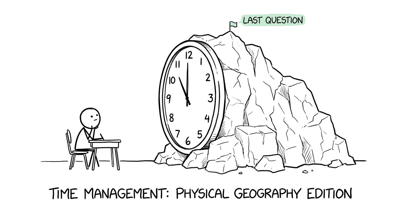 An exam clock moves like a glacier while a student searches for the last geography question