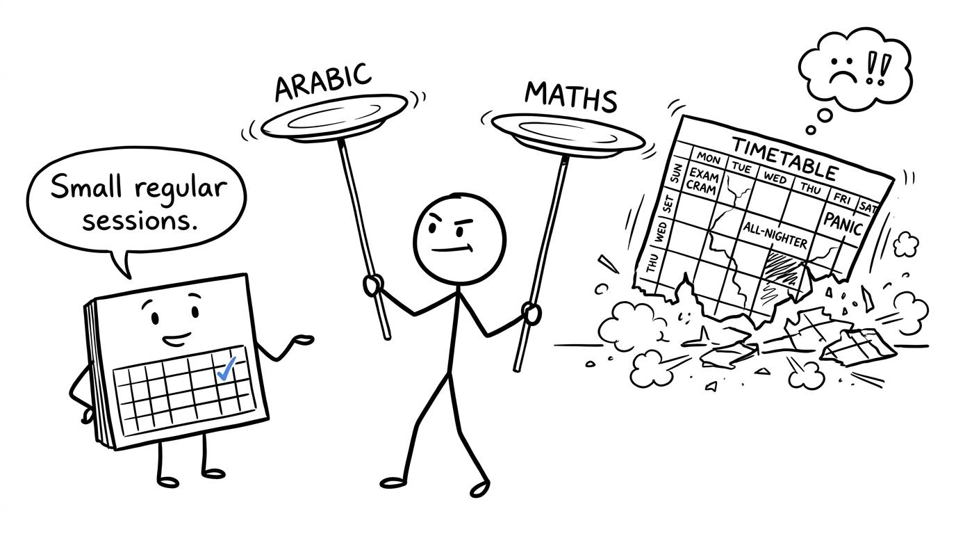 A student balancing Arabic and maths revision