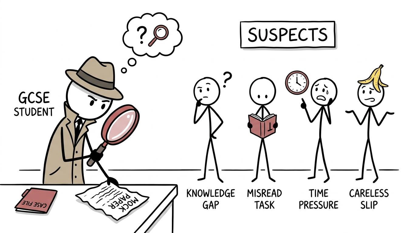 A mock-paper detective interviewing four different types of mistake