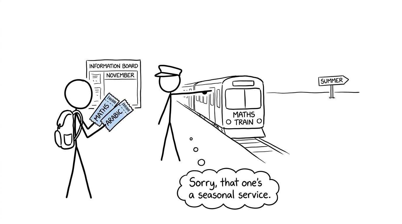 A student discovers that the November exam train serves maths but sends standard GCSE Arabic towards summer