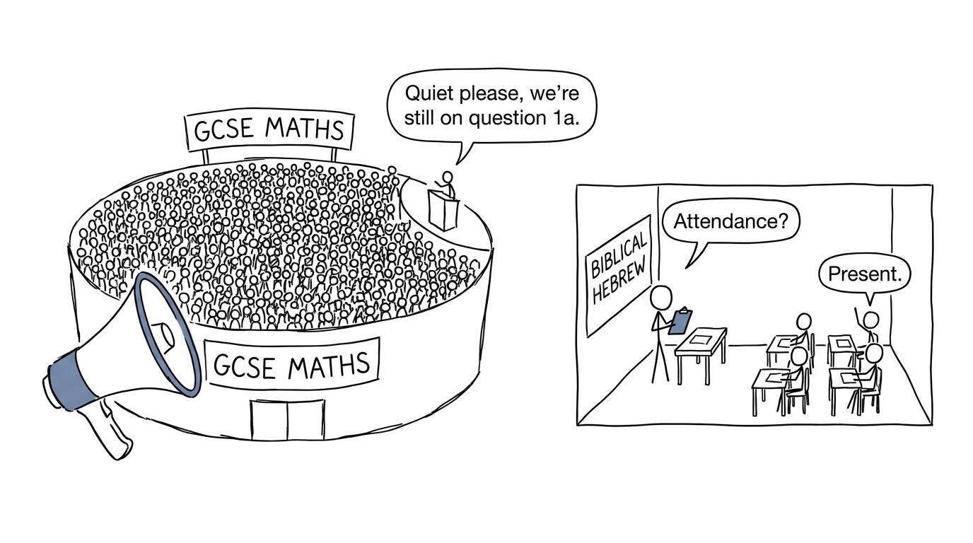 A packed GCSE Maths stadium beside a tiny Biblical Hebrew classroom