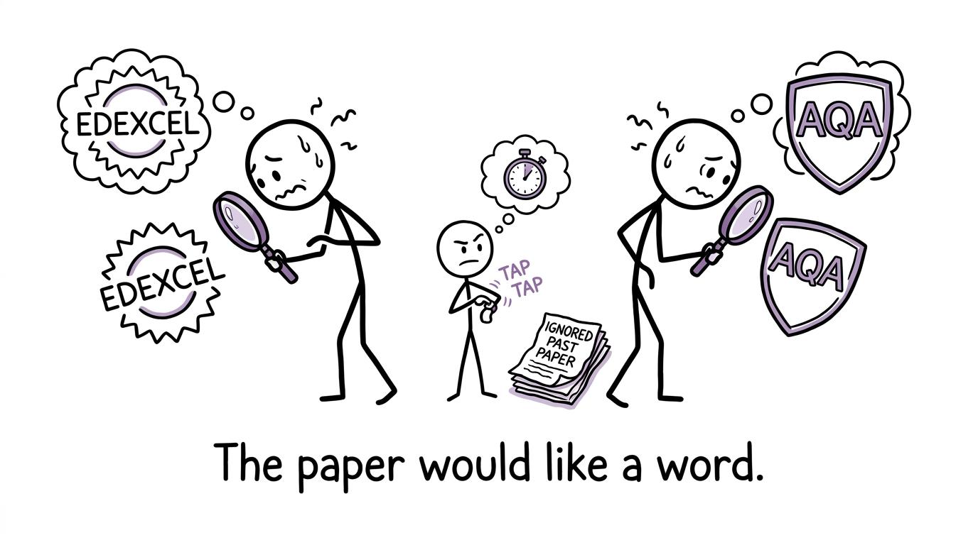 Students investigate exam-board logos while an ignored past paper waits