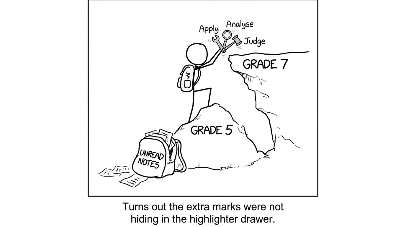 A student leaves unread notes behind and climbs from grade 5 towards grade 7 using application, analysis and judgement