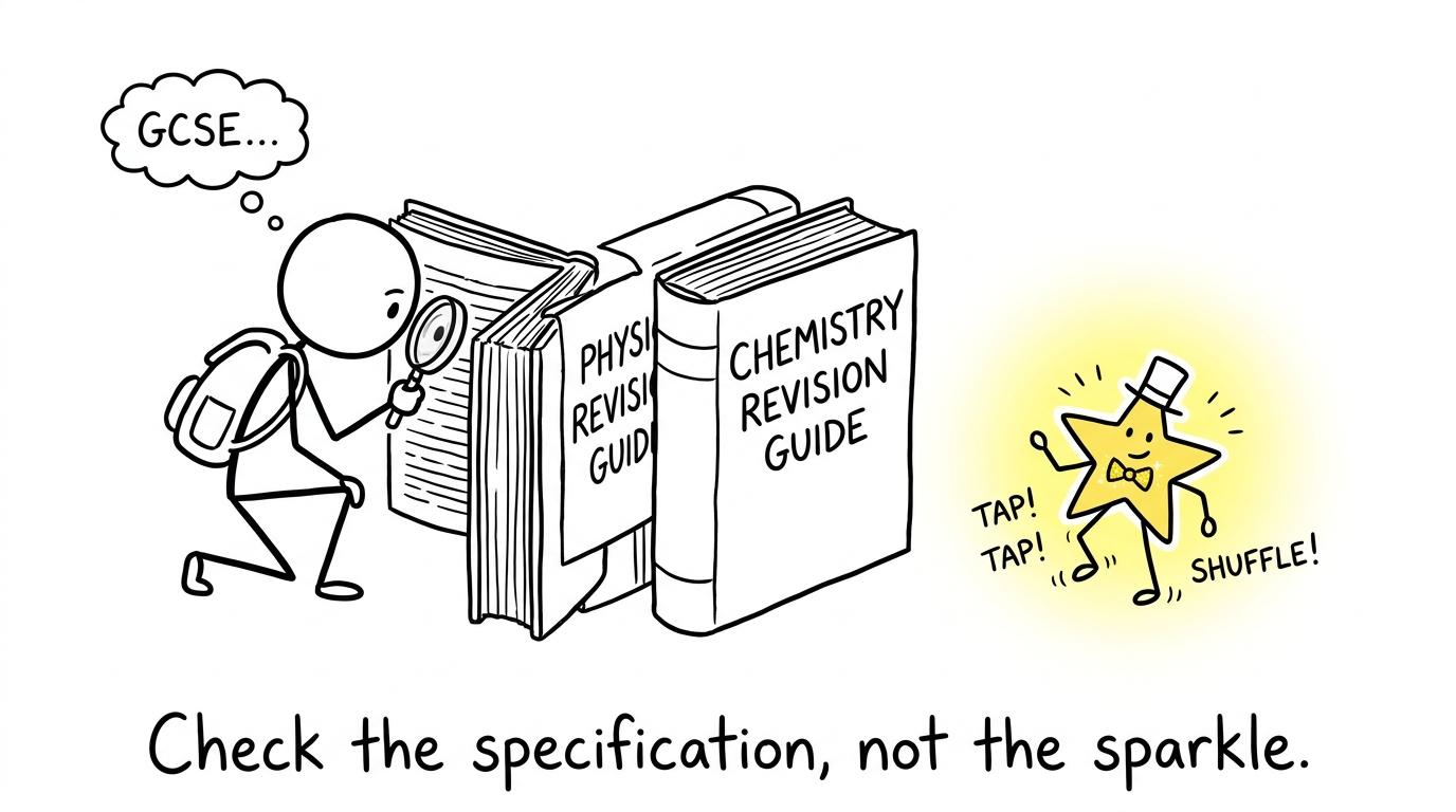 A student investigating revision guides while a five-star sticker tries to distract them