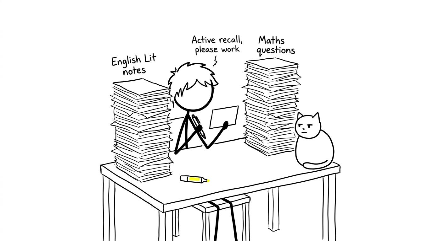 A student with two towering piles of notes and questions, trying active recall