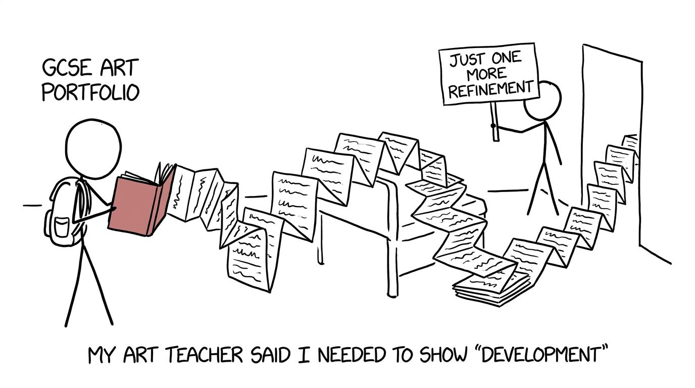 A GCSE art portfolio unfolding endlessly while someone requests one more refinement