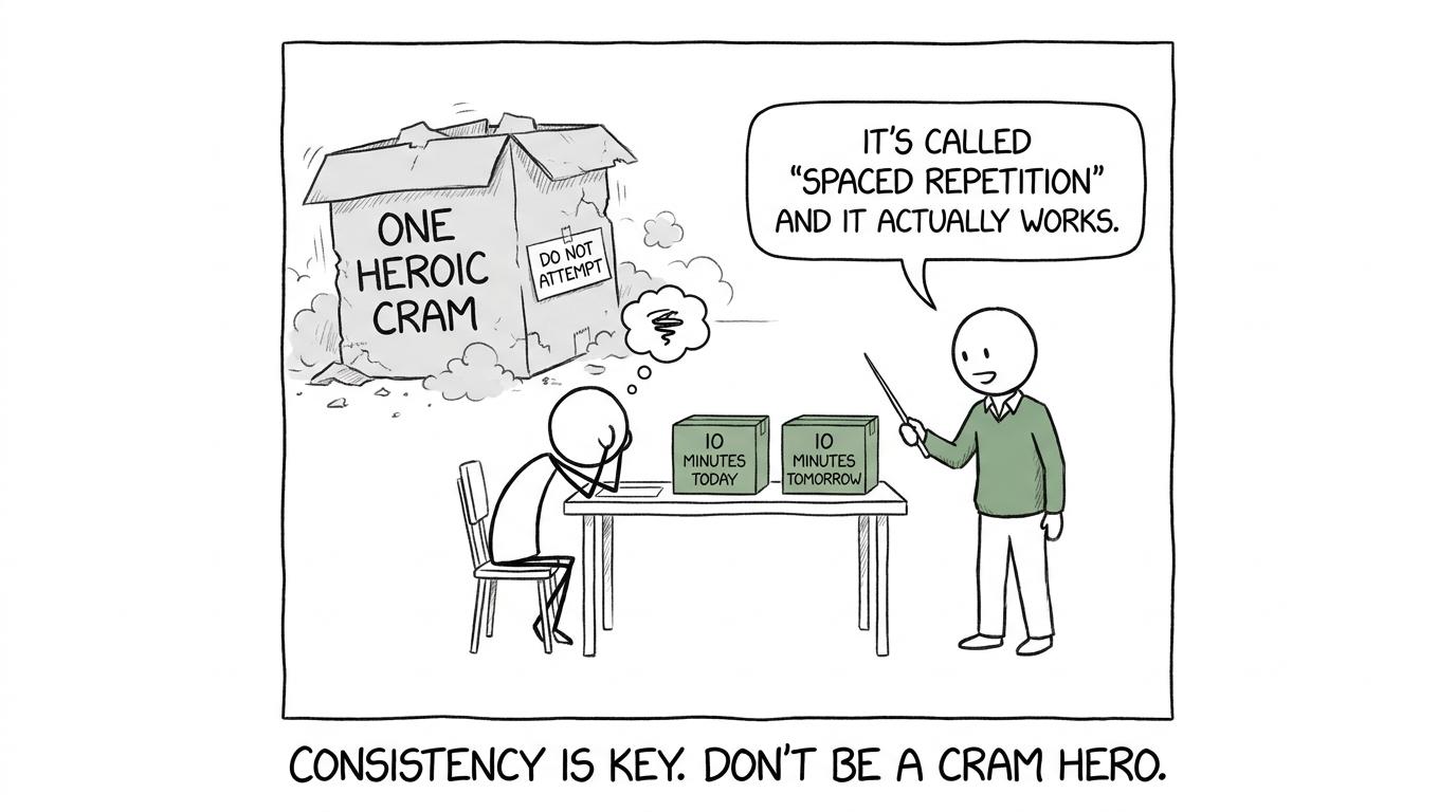 A student choosing two small daily revision boxes while one heroic cram collapses