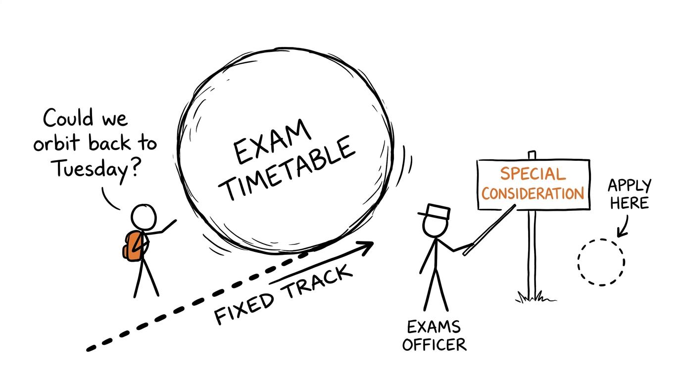 A student unsuccessfully asks an exam timetable to orbit back to Tuesday