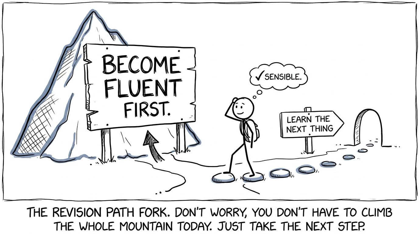 A student choosing steady learning steps instead of climbing the mountain of fluency