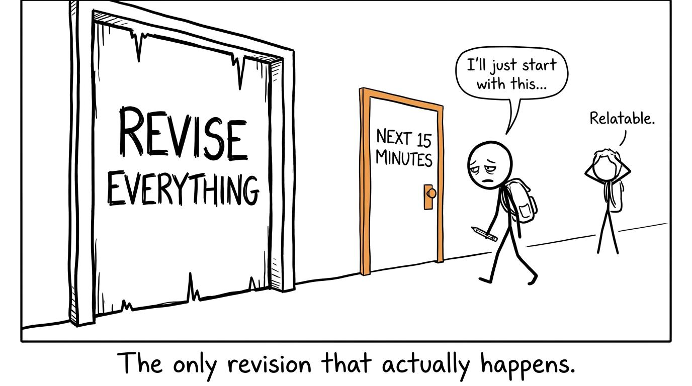 A tired student chooses the small door marked next fifteen minutes instead of revise everything