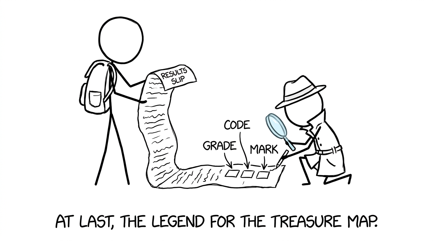 A student and tiny detective decoding the harmless boxes on a results slip