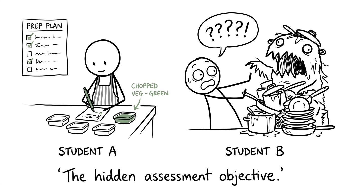 Two students discover that washing-up may be the kitchen's hidden assessment objective