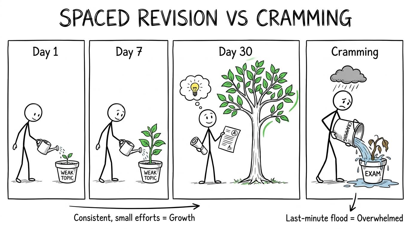 A weak-topic plant grows through spaced revision while cramming goes badly