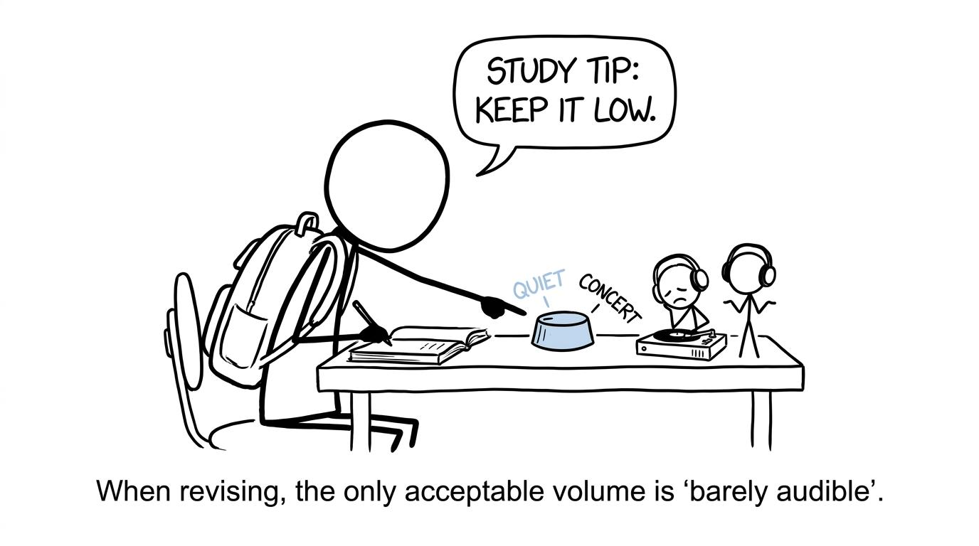 A student negotiates with tiny DJs beside a revision volume control