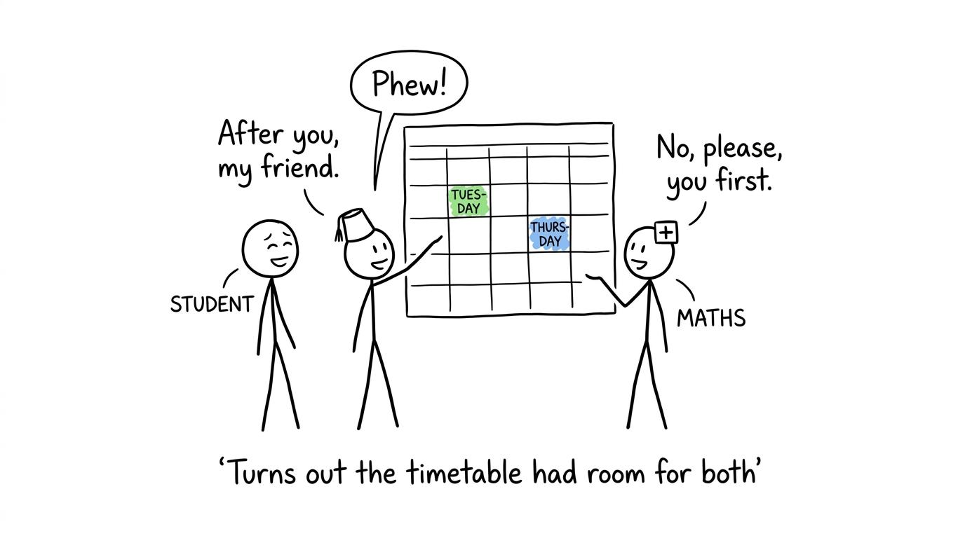 Arabic and maths calmly sharing a student's weekly revision timetable