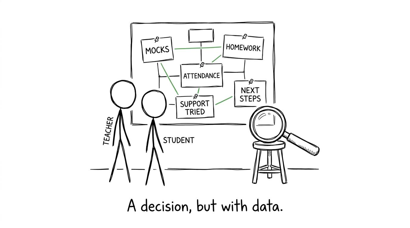 A student and teacher examine mocks, homework and support tried before deciding
